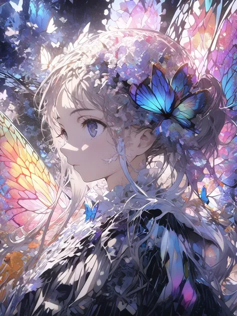 (  Masterpiece ,  High Quality , ,  Official Art, beautiful、And aesthetic :1.2), ( 1 girl),  very detailed,( fractal art with butterfly wings:1.3), colorful , most detailed, upper body, [race],[gem],[flower],[[ butterfly ]],