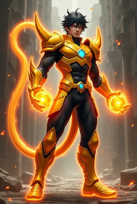 An powerful  male, Anime texture, wearing a cool golden black armoured  costume, holding  a cool big orange sphere by  both hands,  medium black hair, detailed picture, glowing red eyes, looking straight, yellow red aura ray coming from behind, a small blu...