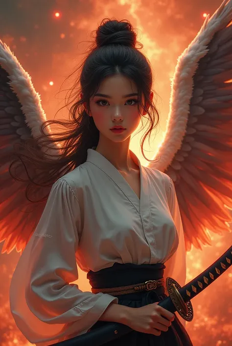 Very realistic and detailed full body portrait image, beautiful eagle wings samurai woman, brown video updo hair, painted a last katana, hell with red fire background, style, hd, masterpiece, best quality, very detailed, very realistic.. Both were looking ...