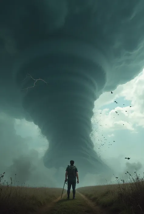 A tornado storm is raging. Epic style. Panoramic view shows a massive tornado with dark clouds swirling, debris flying everywhere. A brave figure stands in the distance, looking up at the tornado with determination on their face. The wind is so strong that...