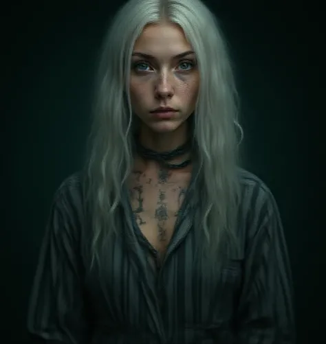 Delphinie Riddle, Young, beautiful woman, striped and gray prisoners robe, worn and old, big runic tattoos hands, chest and neck,, Azkaban uniform, gray with black stripes, chained hands, shackles, large chains, challenging look, very long white hair, aqua...