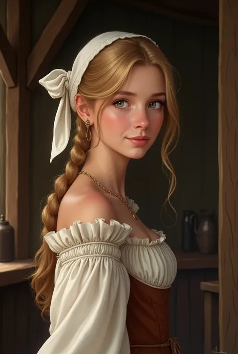 A fair-haired tavern hostess from the Middle Ages.
Draw me so that only the upper body is visible
I tied the back of my head with a white handkerchief