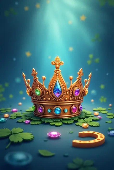 Charming and lucky crown with navaratna with blue background and all lucky symbols like  green leaves ,horse shoe etc in the image  near the  crown. 