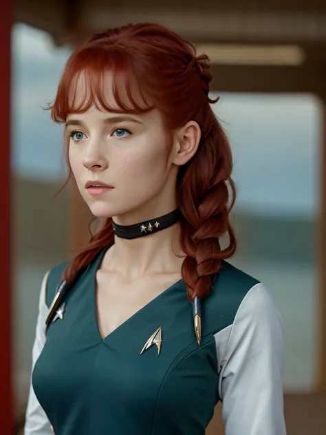 (best quality,4k,8k,highres,masterpiece:1.2),ultra-detailed,(realistic,photorealistic,photo-realistic:1.37), ((a girl wearing star trek uniform, solo, shy)), ((sagging breasts)), braided red hair, pale skin, on starship deck