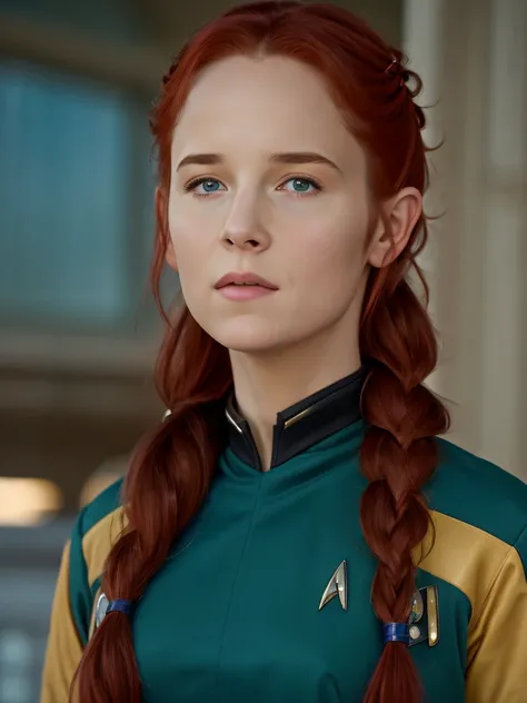 (best quality,4k,8k,highres,masterpiece:1.2),ultra-detailed,(realistic,photorealistic,photo-realistic:1.37), ((a girl wearing star trek uniform, solo, shy)), ((sagging breasts)), braided red hair, pale skin, on starship deck