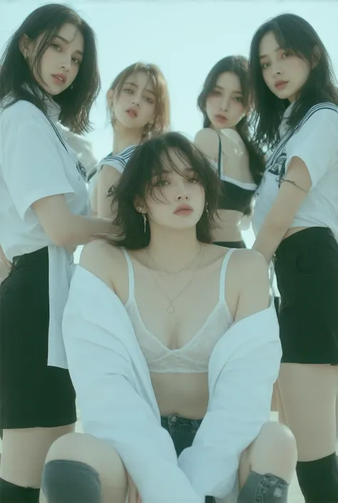 ((((((NFSW)))))), (((4K quality))),(((cool K-pop idol))),(((Bralette,5girl,)))surrealism, fullbody,Canon, f/3.8, 8k, super detail,sitting,at school