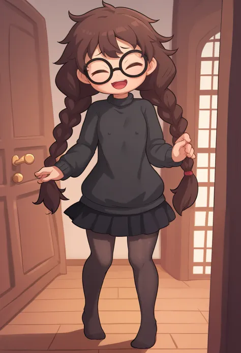 Small girl, young, full body, (solo 0.6), dark brown hair, braids, twintails, messy braids, puffy hair, messy hair, very long hair, skinny body, skinny legs, skinny thighs, slender body, thin waist, flat chest, indoors, (solid black sweater 0.9), black swe...