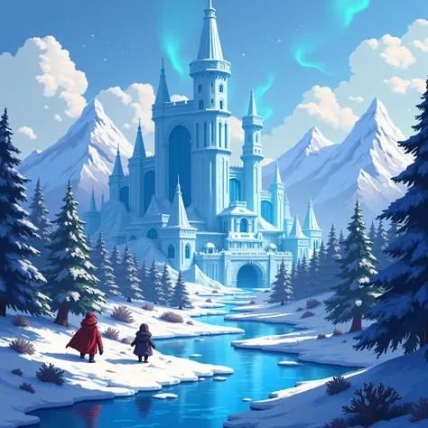 (Pixel Art, Ice Kingdom, fantasy landscape, winter wonderland, snow-covered mountains, icy castle, magical frozen lake, glowing northern lights, enchanted forest, intricate pixel details, vibrant colors, low-poly style, 8-bit aesthetic, retro gaming, pixel...