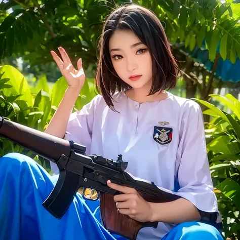 1girl, holding ak47 rifle, head tilt, detailed face, gray skirt, malaysian baju kurung shirt, military camp, afternoon, lens flare, trees, bush, masterpiece, best quality, hdr, 8k, bokeh, sharp focus, 