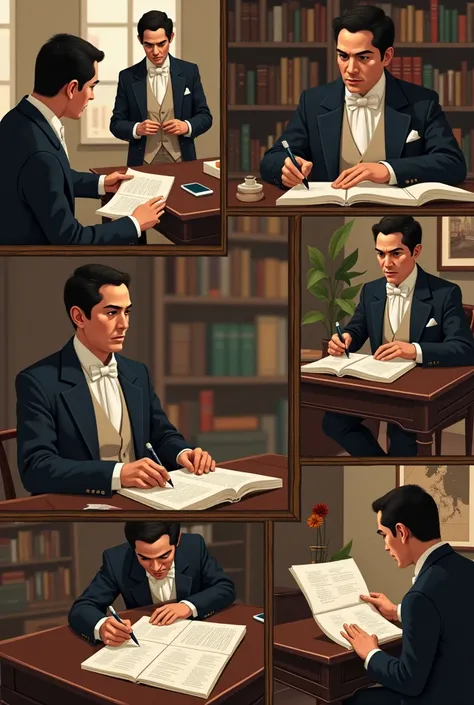 Montage of Rizal mastering languages—reading books, practicing with friends, and writing multilingual notes.