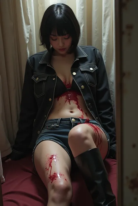 Female Investigator,Being trampled on by a monster、Fight to protect your baby, Beautiful Asian Woman ,Blood is coming out of her abdomen ,Fingernails are penetrating through the abdomen,Bloody、Blood is coming out of the thigh、 Im wearing denim hot pants、 w...