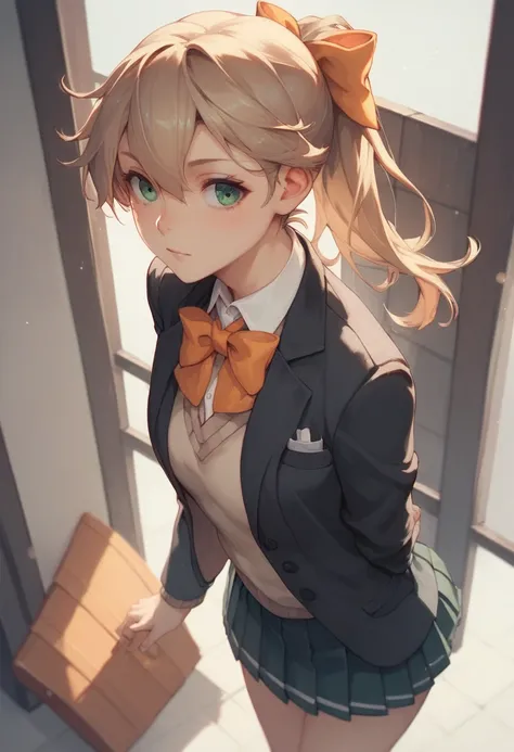  Kantai Collection Kumano 　Ship Kono no Kumano 　 brown ponytail　 has an orange bow around her neck 　uniform　 is wearing a black pleated skirt 　 wears a black blazer over a light brown sweater　 green eyes　 from above
