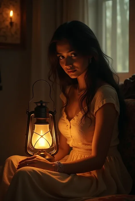 A sexy bangali girl sits with an old hurricane lamp on her lap