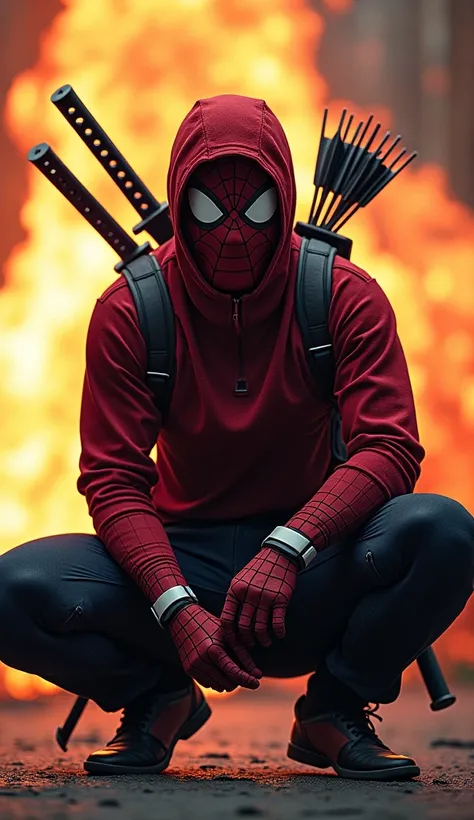  A ninja using a spiderman mask ,  and using its full attributes ,  is carrying his two samurai swords and some arrows are behind his back,  poses on his knees a sharp eye gaze towards the camera , against the background of a very dasyhat burst of fire . G...