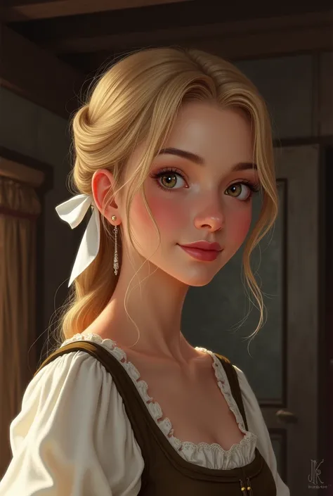 A fair-haired tavern hostess from the Middle Ages.
Draw me so that only the upper body is visible
I tied the back of my head with a white handkerchief