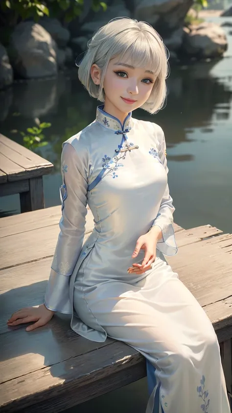 table top, highest quality, High resolution,Portrait, (((Detailed description、8K resolution))), (((Beautiful face drawn in every detail))),full body angle,grinning expression、alone, bright light blue eyes, ((beautiful silky silver hair、short bob、short cut ...