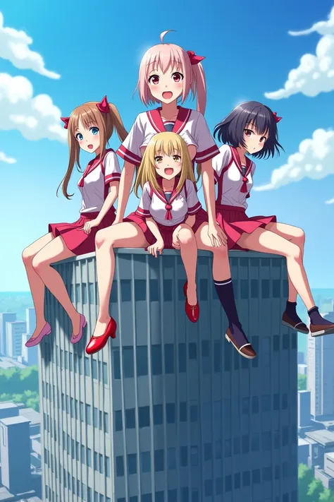 girl group five members, anime art, the girl in the middle is sitting playfully, the girl on the right has a surprised face, the other girl on the right is shy, the cute girl on the left is sitting with the girl in the middle, the girl on the left is singi...