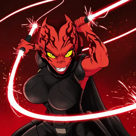 (star wars) on a stormy world two sith spar using light sabers (cute, red skin, yellow eyes, sexy fighting outfit. red light saber, sparks, evil tattoos), high action, tornados in the background