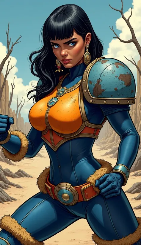 in a dramatic comic book style, richly detailed, cell shading create an illustration of a full body image of Alison Tyler as a woman with  parted lips, brilhant hoop hearins, seductive blue eyes, long black hair with bangs over the eyes, wearing a (heavy p...