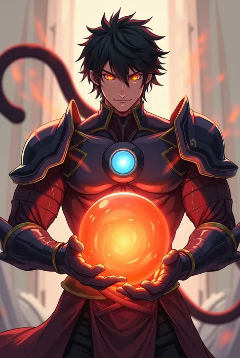 An powerful  male, Anime texture, wearing a cool golden black armoured  costume, holding  a cool big orange spherical orb by  both hands,  medium black hair, detailed picture, glowing red eyes, looking straight, yellow red aura ray coming from behind, a sm...