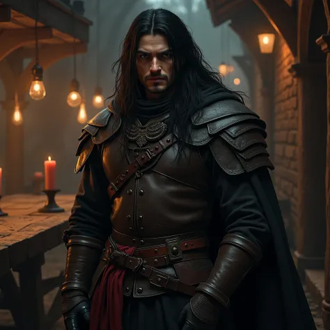 A 30-year-old ,  black hair,  semi-armoured leather and metal,   long hair , merchant clothing ,  full body,dark fantasy, realistic style , maximum quality , In the style of The Witcher , gloomy atmosphere, dark magic,  desolate landscape ,  in a tavern 