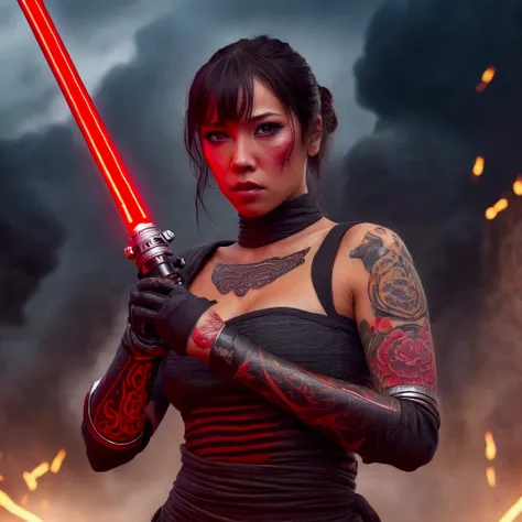 (star wars) on a stormy world two sith spar using light sabers (cute, red skin, yellow eyes, sexy fighting outfit. red light saber, sparks, evil tattoos), high action, tornados in the background
