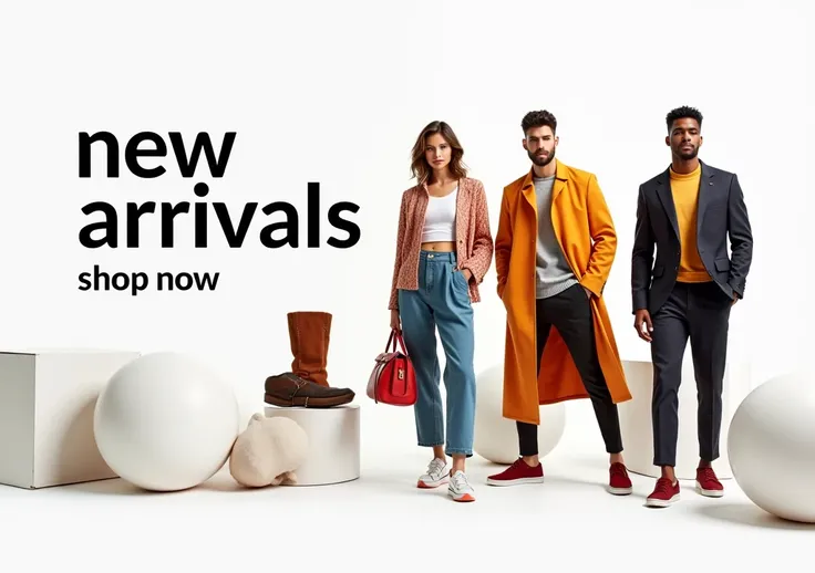 "A modern and stylish banner showcasing trendy clothing items with a clean white background, vibrant colors, and a text overlay that says New Arrivals – Shop Now. Include a mix of mens and womens fashion with an urban lifestyle vibe."