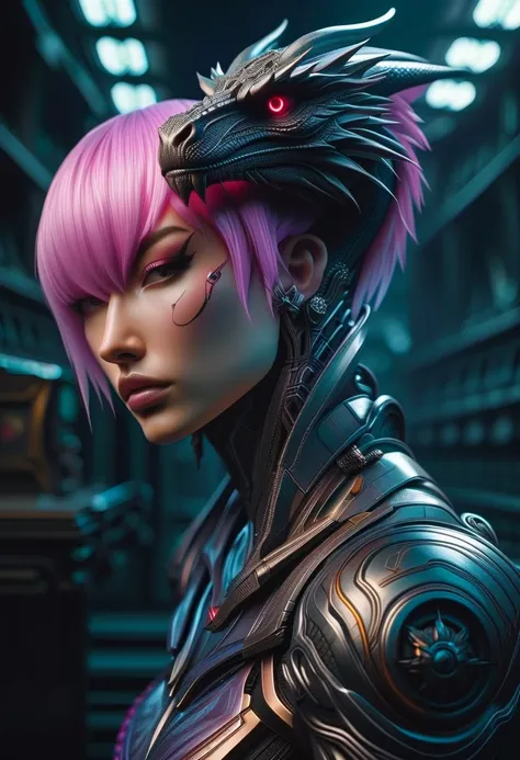 Cyberpunk l close up pink haired female with a black dragon behind her, portrait, clear sharp focus, featuring a dark and eerie atmosphere hyper realistic, 8K professional photography art, photorealistic masterpiece: by aaron horkey and jeremy mann: intric...