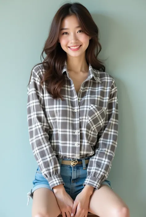 A beautiful Korean woman wearing a checkered shirt inside a t-shirt wearing short jeans is again standing in the way smiling at the camera wearing sports shoes 