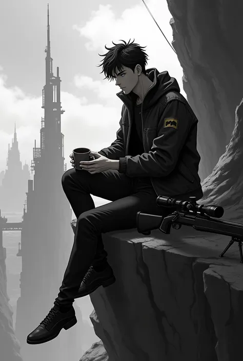 Black and white, 2d anime style, handsome man, short wavy hair, sitting on the edge of the cliff, wearing tech wear jacket, bra, wearing tech wear pants, holding warm mug of coffe, with anti tank sniper rifle on his side