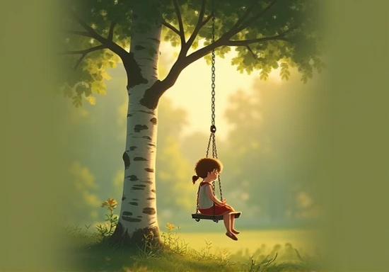 Birch with a swing with a girl