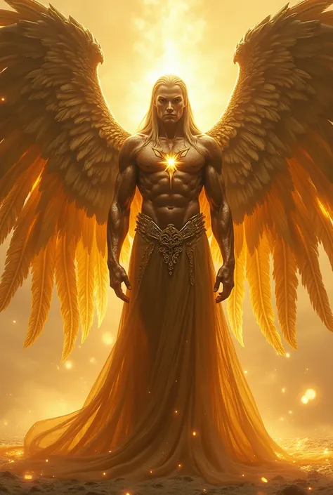 
 Imposing and severe angel , about 3 meters tall.  Golden or silver skin , almost ethereal, with soft glow, but noticeable. stern face,  Symmetrical and strong traits ,  with defined jaw .  Flaming and penetrating eyes ,  emanating warm light ,  deep as i...