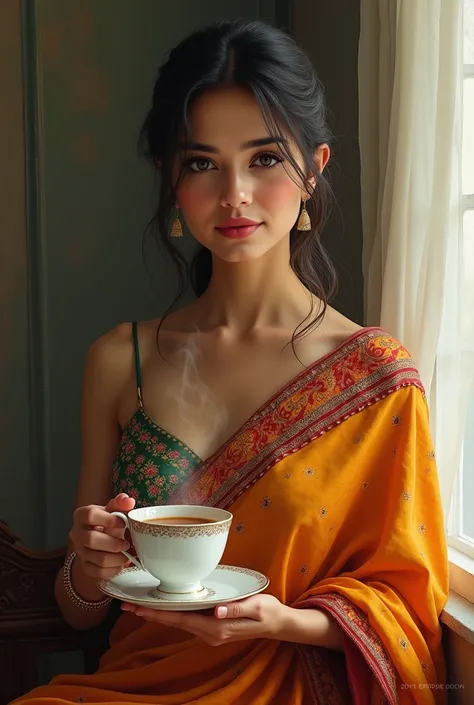 Indian lady holding a cup of tea