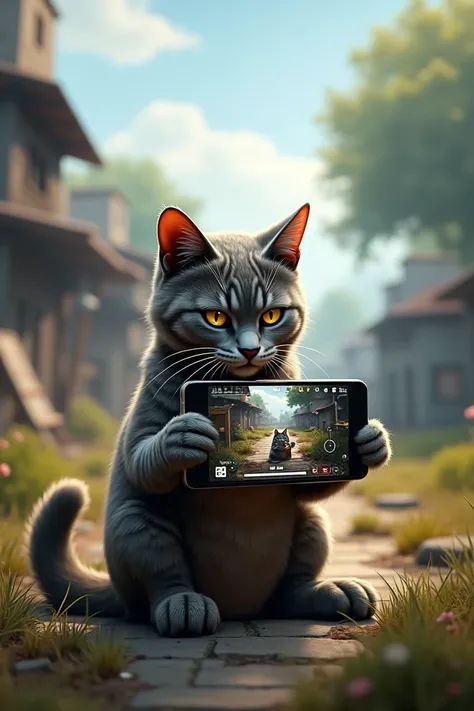 A cat is playing PUBG Mobile in pubg battle field.