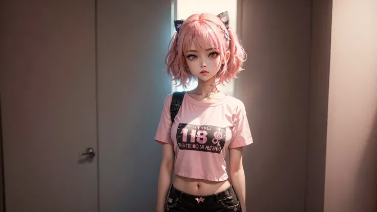 woman, 18 years, cute shirt, Short cotton shorts, (extremely detailed CG 8k wallpaper), (pink hair), (best quality), (costume), (best illustration), cowboy shot, (Sharp eyeliner, shadow, detailed eyes:1), to break, (star15escola:1.2), hair ornament,