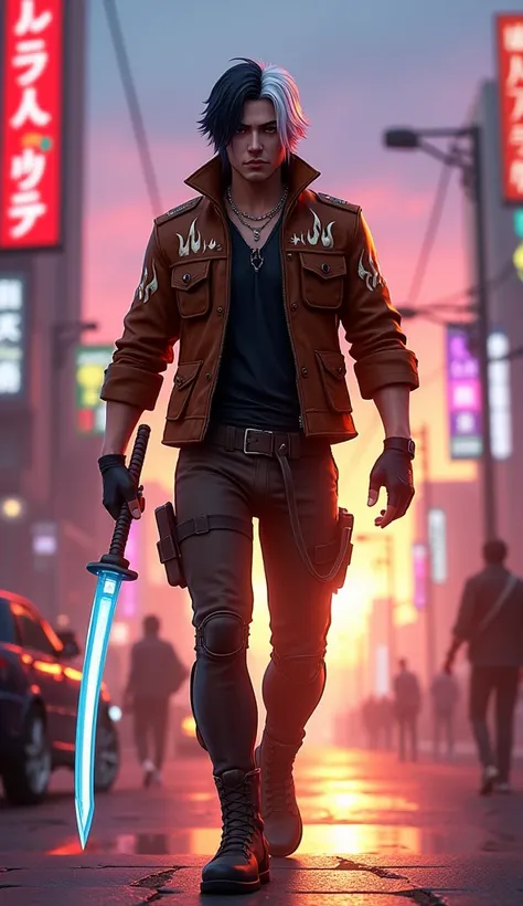 "A highly detailed 3D-style digital illustration of a male Free Fire character with medium-length black hair and white highlights. He wears a rugged brown leather jacket with flame patterns on the sleeves, a black inner shirt, and fitted brown combat pants...