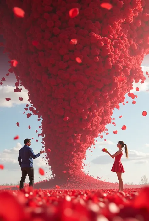 image of a giant tornado made with red rose petals ,  countless petals break off and fly everywhere on a flat 3d ,  surface with a man behind the tornado with his hand pointed forward and a beautiful 20-year-old girl happy and smiling with an eye closed wa...