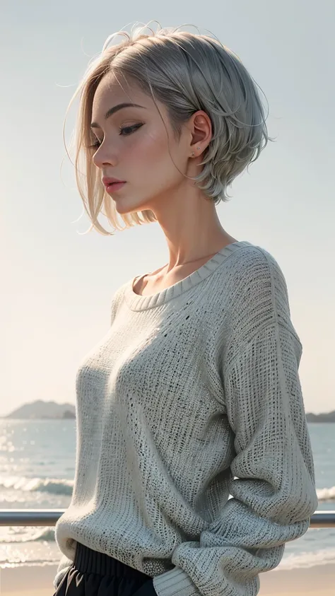 medium shot，Surreal：1.4 ，1 woman，Look up at 30°，Three-point profile，Silver gray clean short hair，breeze，Close eyes，Bright sky background，Soft shadows，Bright picture，sweater，