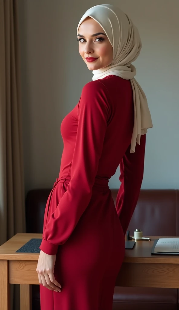 Photorealistic european hijabi woman, 165cm high, ((smooth skin, pale skin)), red lipstick, long eyelashes, full lips, smokey eyeshadow, wide hips, curved ass, ((wearing tight red shirt, tight crimson long skirt, huge boobs)), cream hijab, excellent lighti...