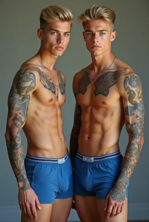 Sexy and handsome teenage models, well-defined bodies, fair skin, blue-gray eyes, full and blond tattoos with cross rings and blue boxer shorts, muscular tattoos 