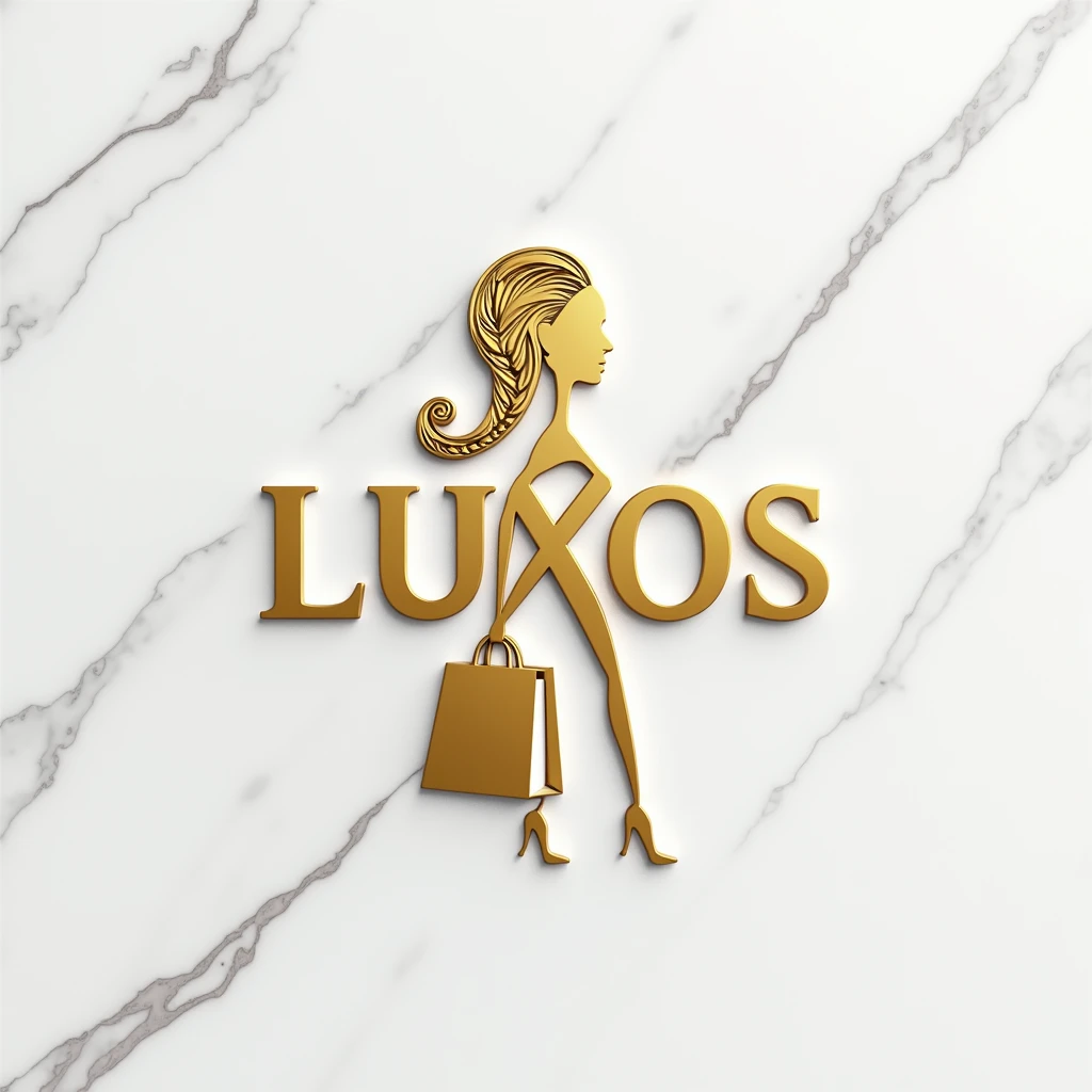 2D logo on the white granite wall with the name LUXOS DA ELYMODEL  , ,  gold-colored letters capital letters on top the symbol of a woman picking up a gold-colored shopping bag,  with metallic luster in graphic design hanging around the hair around elegant...