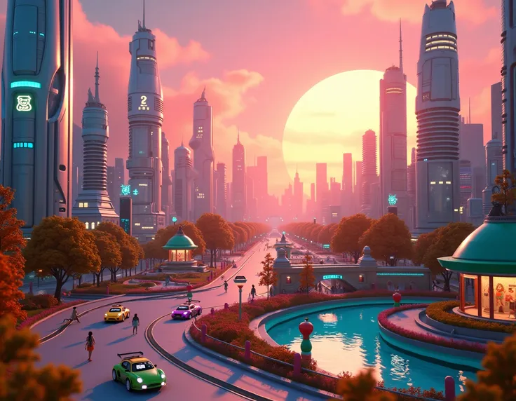 A futuristic cityscape designed in a vibrant 3D Pixar style. The scene features sleek skyscrapers with soft, rounded edges and glowing neon highlights. Streets are bustling with self-driving cars, colorful hovercraft, and lively characters in futuristic ou...