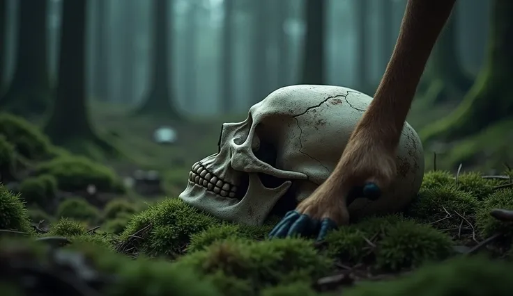 "A surreal and haunting image of a human skull lying on a dark, moss-covered forest floor. Resting on the skull is the delicate yet strikingly detailed foot of a deer, its texture contrasting sharply with the smooth, aged bone. The scene is illuminated by ...