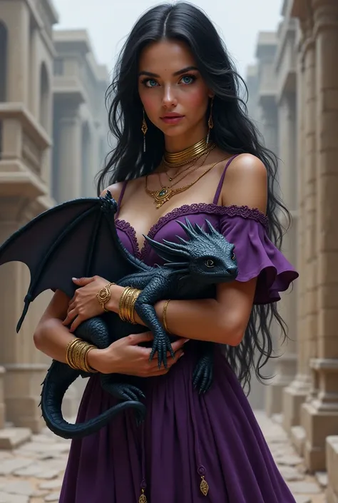 Semi-realistic art style: Young woman with olive skin, dark hair and indigo eyes. She wears a long dress made of purple fabric and other sub-tones derived from purple. She has a cold countenance She wears gold necklaces and several gold bracelets. She carr...