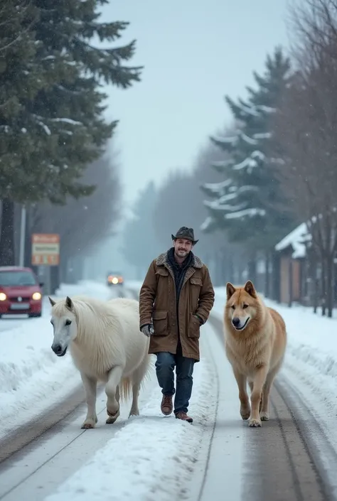 there was man along with german shephered dogs and white horses,walking on road.the weather was cloudy.snowfall is started and many greens trees on road side.there was written Afghan Colony on sign board in road side.there was Red Farari Car in Background.