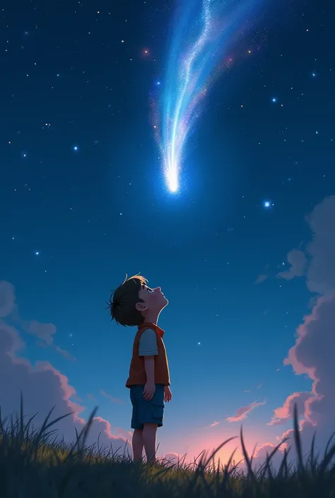 A boy looks up at the sky in wonder as if watching a comet wild