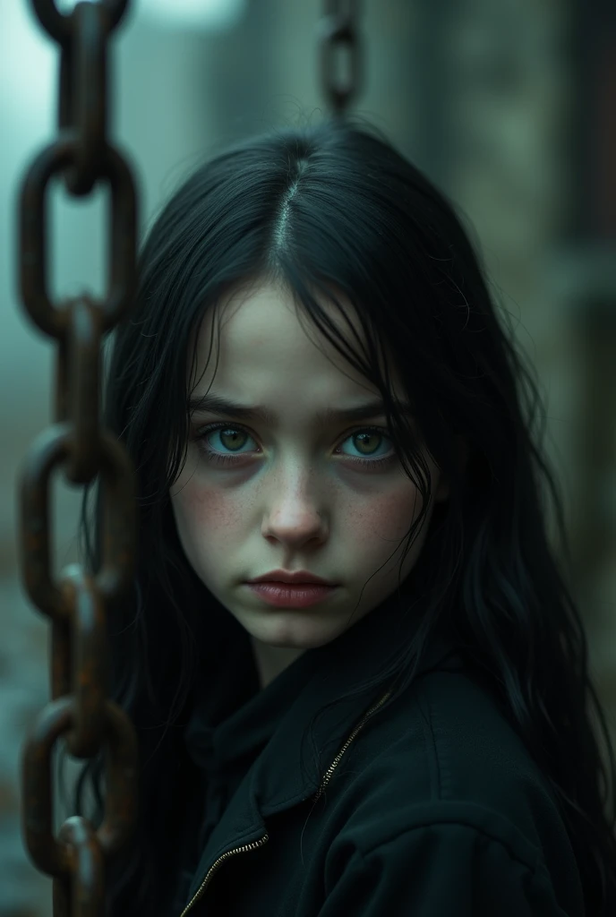 (A (severus snapes daughter:((11years old)) european girl,black hair, green eyes) , girl horror with chains in background with blur, 8k high quality image