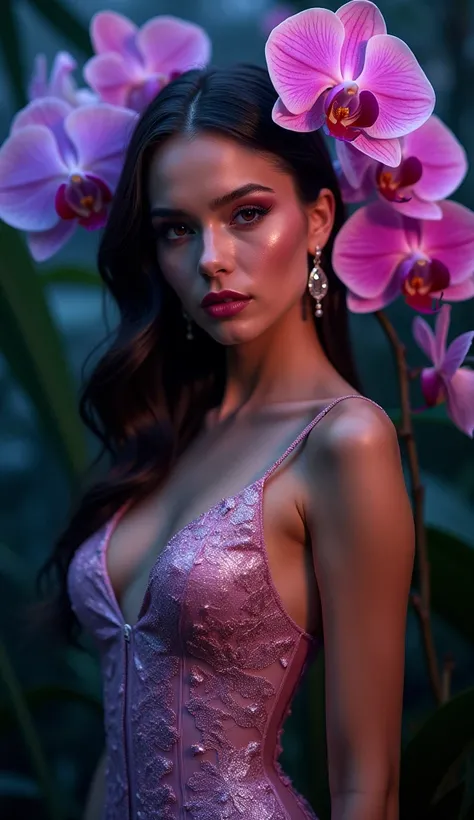 "Design an ultra-high-definition 8K portrait of a strikingly gorgeous and bold woman inspired by the exotic beauty of the orchid flower. Her features are captivating and sultry, with a smooth, glowing complexion accentuated by dramatic makeup in shades of ...