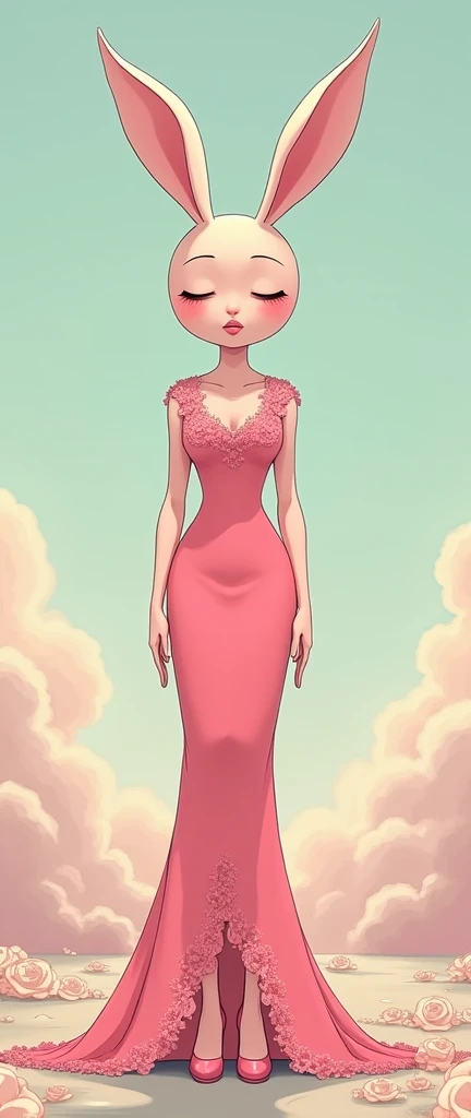 Anime cartoon style, depicting a girl wearing a dark pink wedding dress, she wears pink high heels, she has a lovely bunny head, a special feature is that she has pink skin bold.she stood in an awkward position, she was 1m80 tall, attractive body,