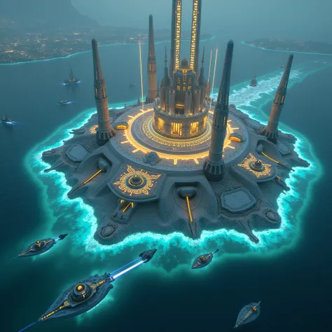 A sci-fi-inspired Hy-Brasil, with advanced energy fields protecting its structures, surrounded by glowing seas and futuristic ships."